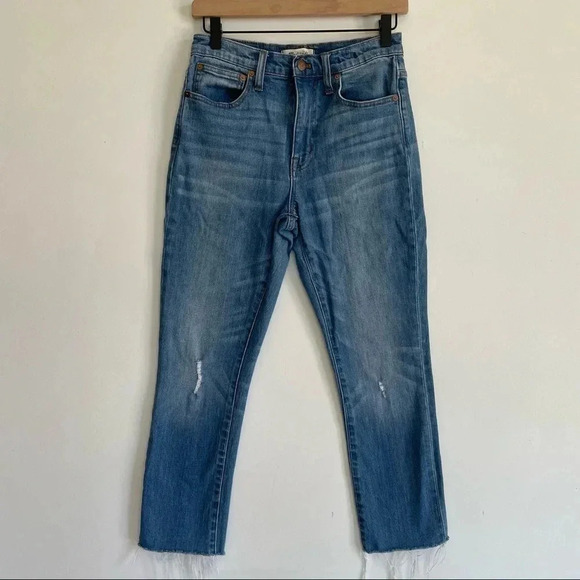 Madewell High Rise Slim Boyjean Raw Edge Hem Medium Blue Wash Distressed - Picture 4 of 13